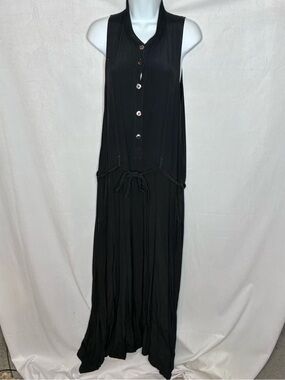 Vintage Ghost Black Button-Front Maxi Dress with Tie Waist size Medium